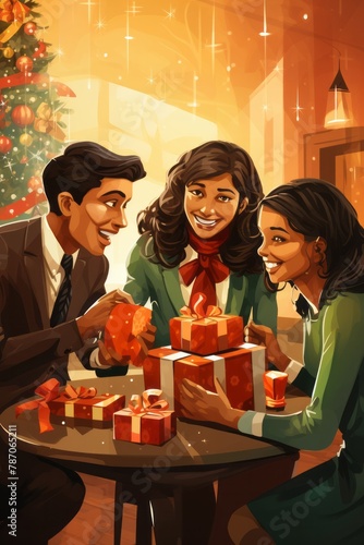 A group of people sitting around a table  exchanging presents during a festive holiday gathering. The friends are engaged in conversation and laughter as they share gifts with each other