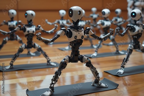 A playful depiction of a yoga class for robots, attempting to perform flexible poses with their rigid, metallic bodies