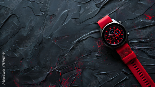 red wrist mens watch on a black background. Mens Accessories, Place for text. Top view, luxury watch isolated on a black background, wedding watch  grom
 photo