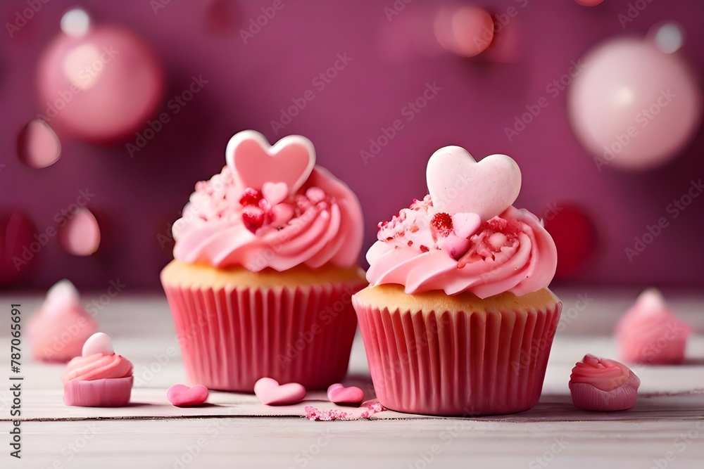Pink Cupcakes with Love Heart Decorations. Delicious Valentine’s Day Background. Generative AI