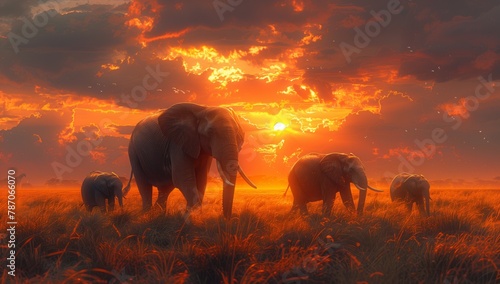 A herd of elephants peacefully grazing in a field at sunset, under a colorful sky filled with clouds, in a stunning natural landscape
