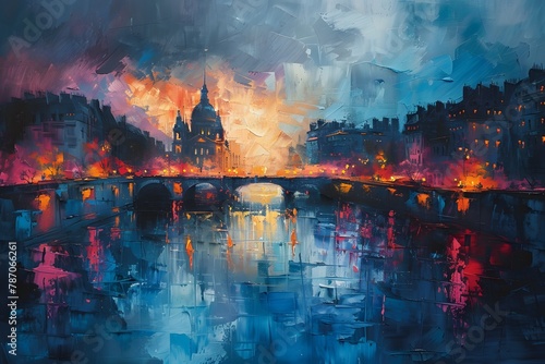 Vibrant Abstract Parisian Nightscape with Illuminated Bridge and Reflections