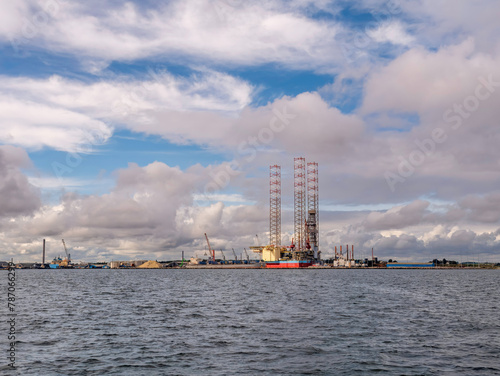 Drilling rig in harbor of Grenaa, Djursland, Midtjylland, Denmark