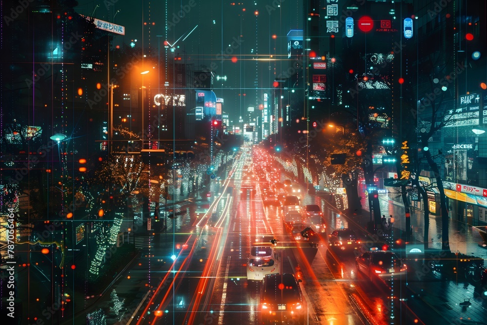 Cyberpunk Cityscape at Night with Rain and Neon Light