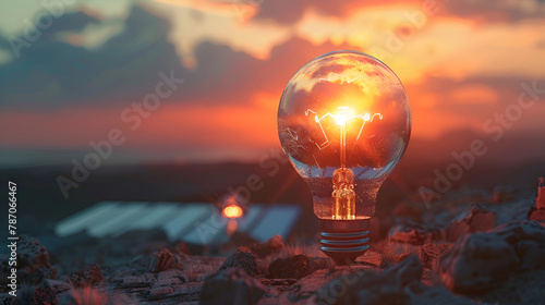 Glass light bulb with solar panel on nature background. Alternative energy concept  ,Electric light bulb with solar panel, Light bulb on solar panel with sun flare, energy saving concept.
 photo