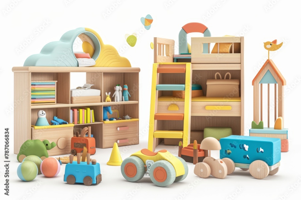 Childrens furniture and toys 3d render on white background, kids room decor and playthings for sale