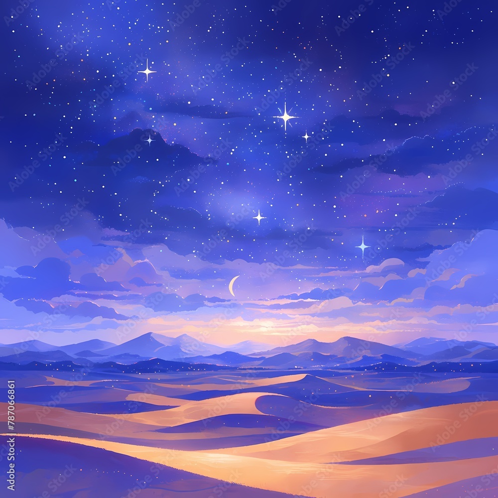 Enchanting Digital Art of a Calm Desert at Night with Glowing Stars and Moon - Ideal for Marketing Campaigns