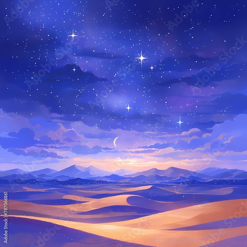 Enchanting Digital Art of a Calm Desert at Night with Glowing Stars and Moon - Ideal for Marketing Campaigns © RobertGabriel