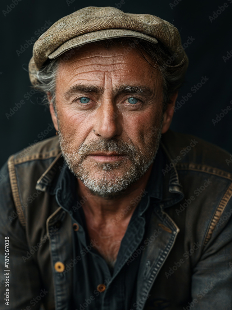Generative ai illustration of a portrait of man in black shirt and beige cap Generative ai illustration of a portrait of man in black shirt and beige cap