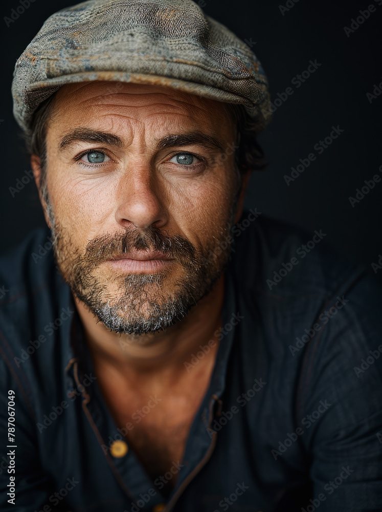 Generative ai illustration of a portrait of man in black shirt and beige cap Generative ai illustration of a portrait of man in black shirt and beige cap