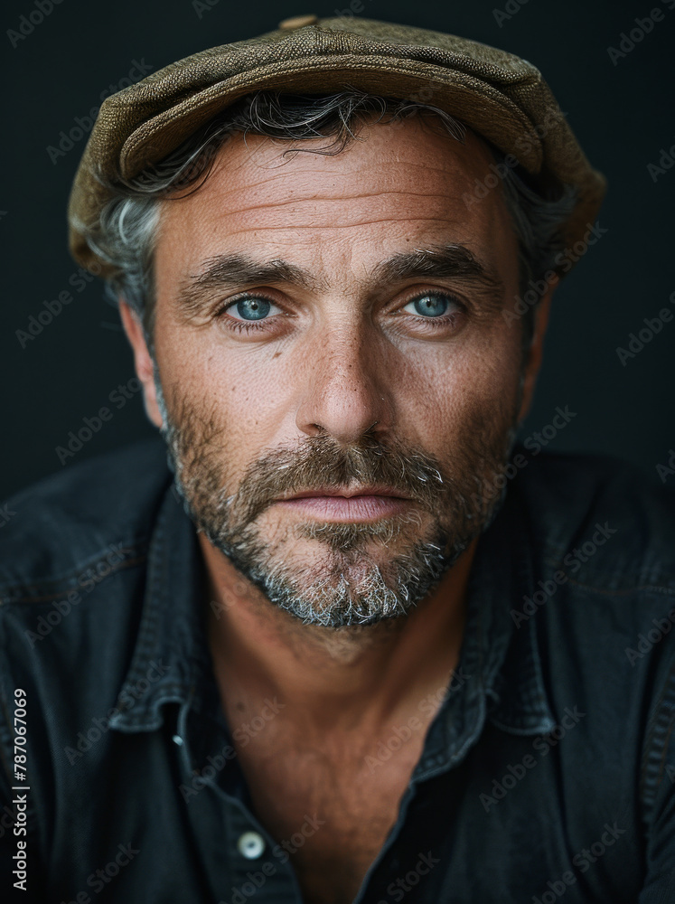 Generative ai illustration of a portrait of man in black shirt and beige cap Generative ai illustration of a portrait of man in black shirt and beige cap