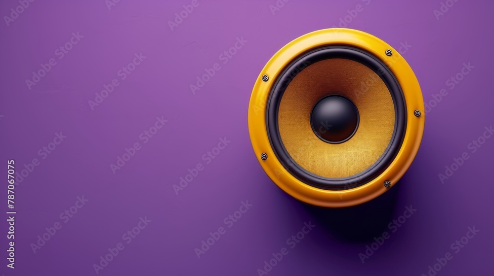 A vibrant, high-quality yellow speaker mounted on a rich purple background, perfect for audio and technology themes. A vibrant, high-quality yellow speaker mounted on a rich purple background, perfect for audio and technology themes.
