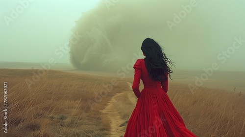 A happy woman in a red dress walks through a grassy field under a blue sky