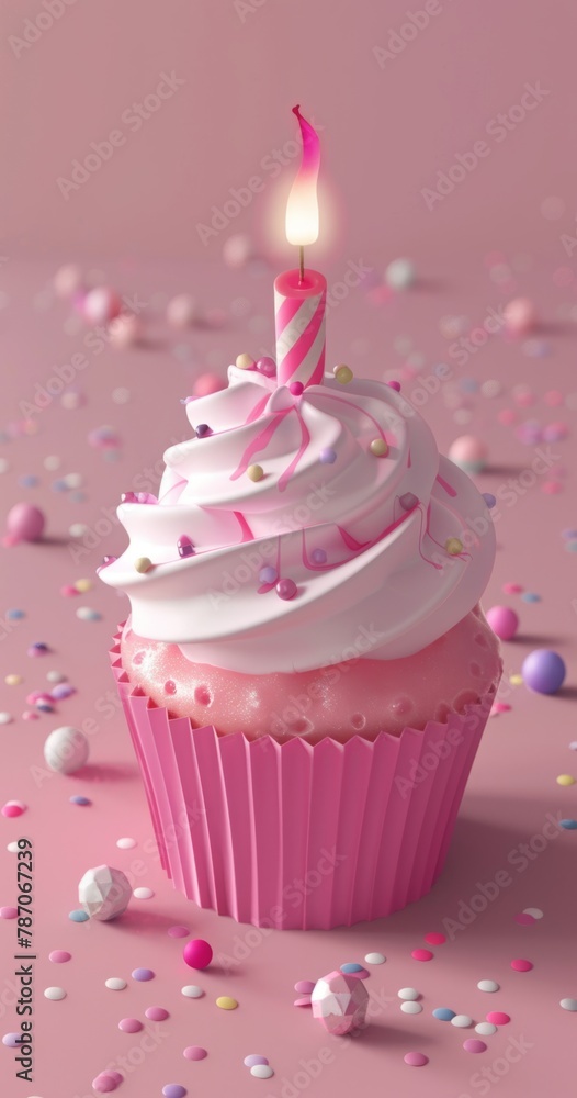 A delightful pink cupcake topped with creamy frosting and a single lit candle, surrounded by heart confetti on a matching pink background. A delightful pink cupcake topped with creamy frosting and a single lit candle, surrounded by heart confetti on a matching pink background.