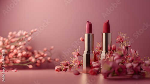 Cosmetics Products and Beauty with lipstick set and floral  photo