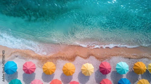 A stunning aerial view of colorful beach umbrellas lining the sandy shoreline, with clear turquoise waves gently lapping at the beach.