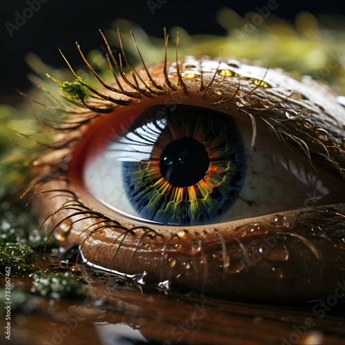 Close up image of human eye with green iris and moss