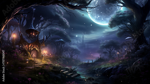 Enchanted Forest Home Under a Gigantic Moon Digital Artwork photo