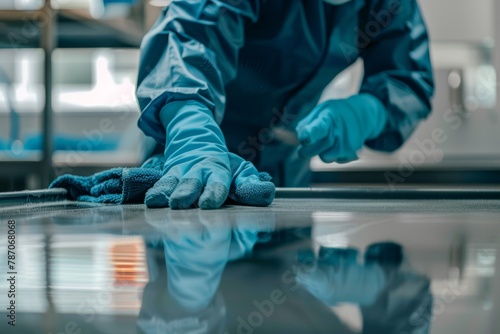 Close-up of professional worker providing office and industrial cleaning services for company photo