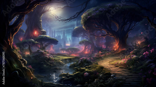 Fantasy Landscape with Mystical Trees and Distant City Lights photo