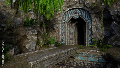 Stone bridge over a chasm leading to an old fantasy cave entrance in a moutnain. 3D rendered illustration. photo