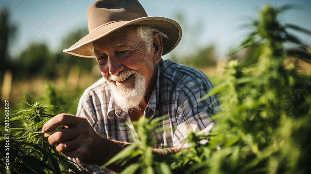 Senior Gentleman with White Beard Cultivating Cannabis in Field
