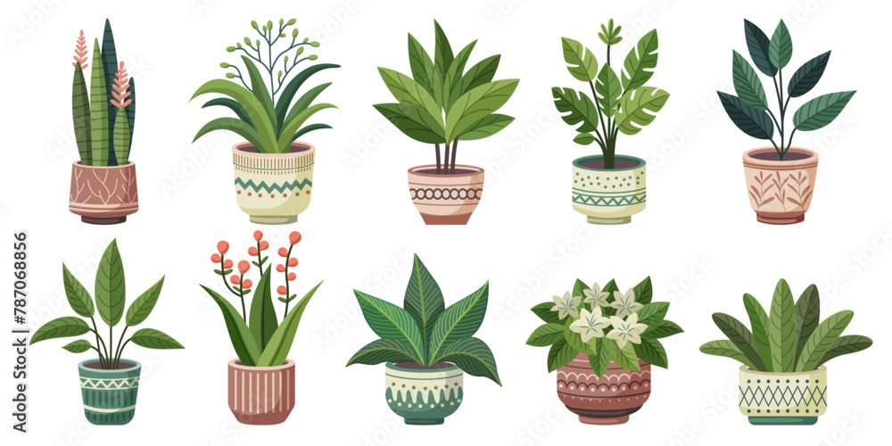 Collection of trendy home cute plants in flower pots pack icons. Houseplants or flower in pots modern vector illustration. Green plants growing in a pots. Set of potted plants icon. - obrazy, fototapety, plakaty 