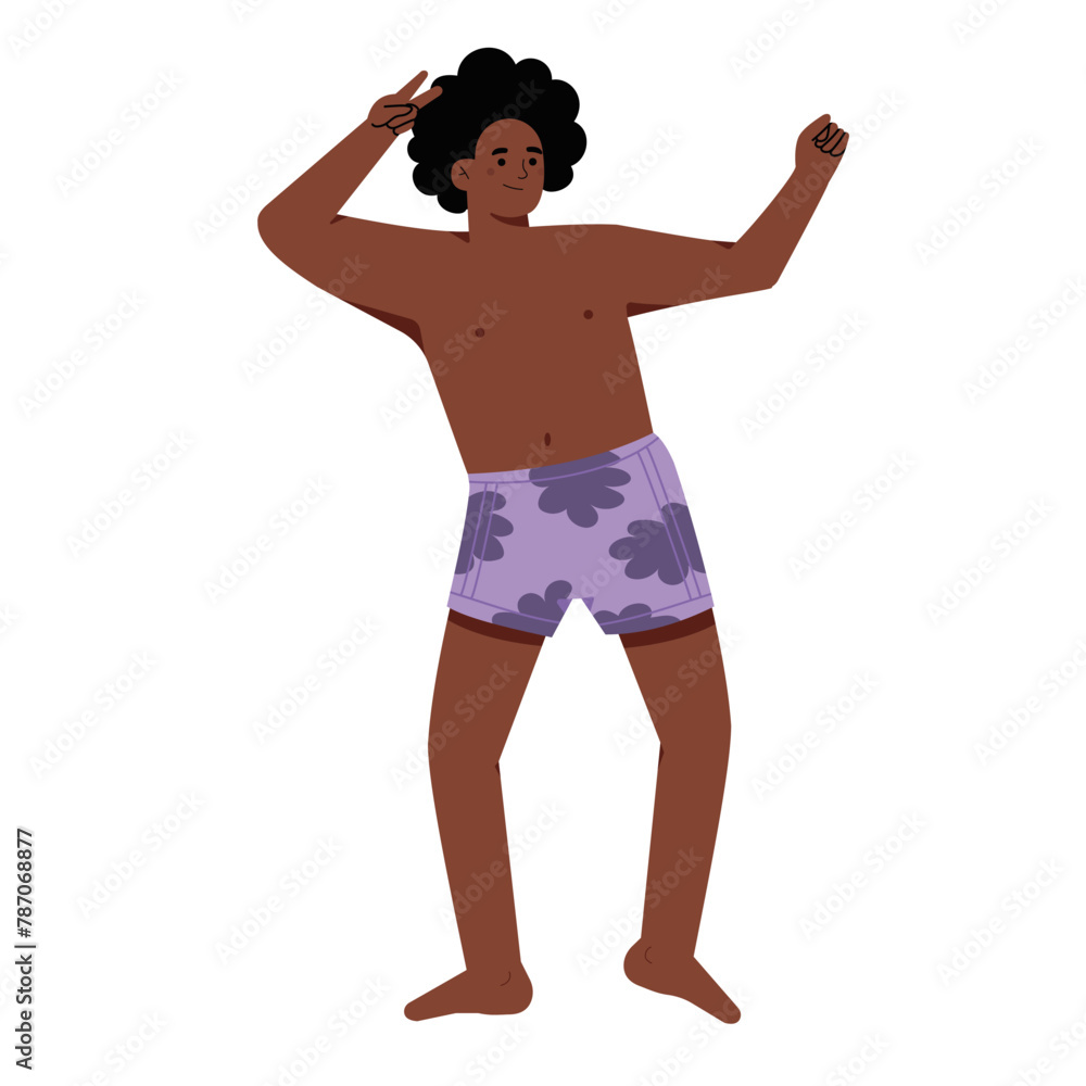 Happy energetic black-skinned man in swimming trunks expressing joy by dancing. Young excited cheerful energetic guy in swimwear, beach wear, rejoicing holiday. Vector illustration Happy energetic black-skinned man in swimming trunks expressing joy by dancing. Young excited cheerful energetic guy in swimwear, beach wear, rejoicing holiday. Vector illustration
