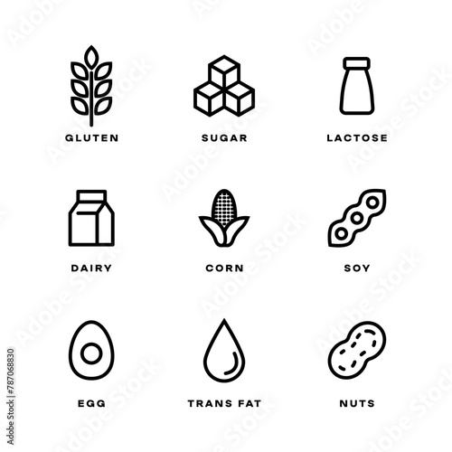 Natural products icons set. Organic. Eco-products. Allergen free badges. No Soy, Transfat, Nut, Gluten, Corn, Dairy, Sugar, Paraben, Nitrates Outline Logo. Vegan Food Icon.