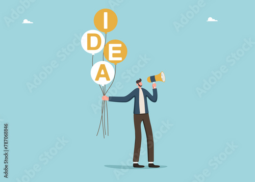 Wallpaper Mural Leadership in creating brilliant ideas to grow business or overcome challenges, intelligence or creativity to achieve goals, mentoring for innovation, man with loudspeaker holds balloons with idea. Torontodigital.ca