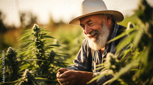 Elderly Man Laughing Amongst Cannabis Plants in Sunny Field