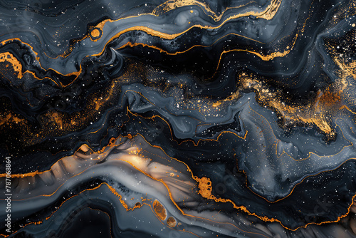  A black and gold marble pattern with swirling textures, glowing golden veins creating an ethereal effect. Created with Ai