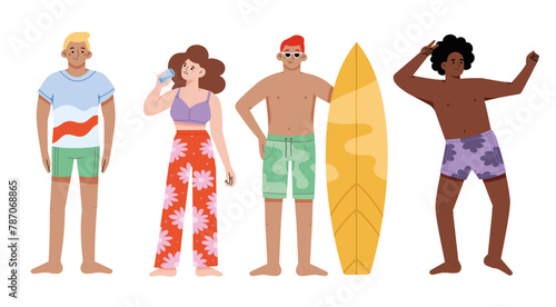 Young people in swimwear with fun and joy, happy with summer holidays. Excited active men and women with positive energy. Flat graphic vector illustration isolated on white backgro