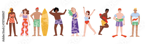 Мобильное устройствоYoung people in swimwear with fun and joy, happy with summer holidays. Excited active men and women with positive energy. Flat graphic vector illustration isolated on white backgro