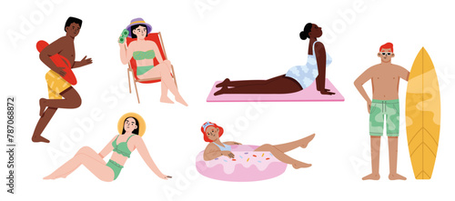 Peoples on summer beach vacation. Flat style characters of young man and woman surfing on waves, shooting photos on beach. Girl girl sunbathing, doing yoga on tropical