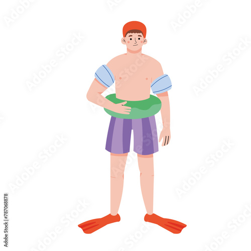 Safety rubber inflatable swim armbands vector illustration. Swimming equipment for secure floatation in water. Guy wearing swimwear. Advertisement concept