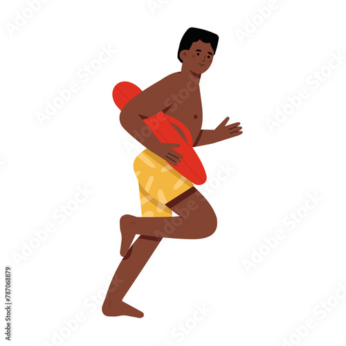Energetic black-skinned man lifeguard runs to save life of man in need of help is drowning in sea. Guy works as lifeguard at summer resort and hurries to provide first 