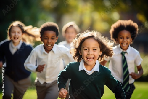 School children run towards me, laughing. Autumn vacation at school photo