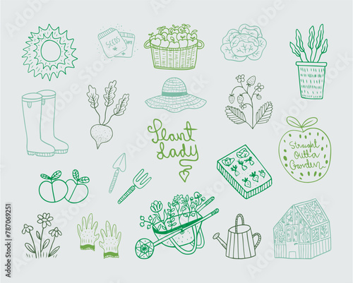 Set of gardening clipart files, Gardener vector elements, greenhouse, plant lady, vegetable farm, garden objects, icons