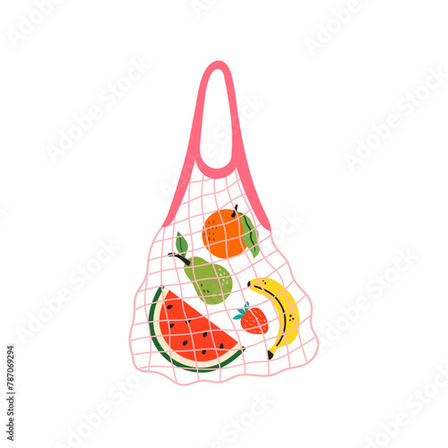 Illustration of mesh bag with different products. Eco bag with fruits, supermarket products © Myurenn