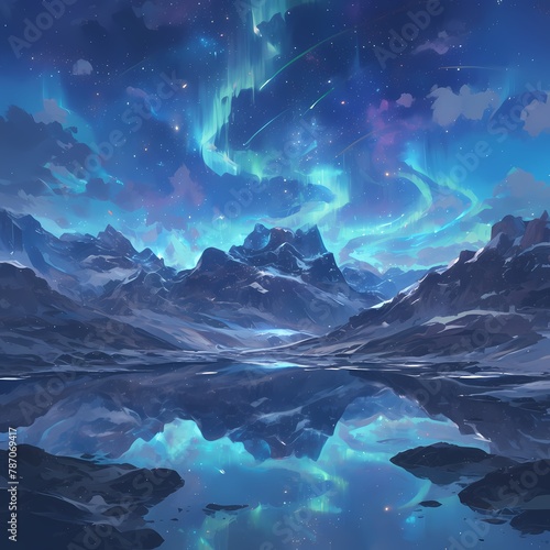 Gaze into the serene beauty of nature with this captivating image, featuring a breathtaking mountain landscape under an enchanting sky painted with hues of the Northern Lights.