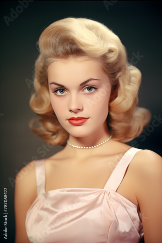 vintage photo beautiful young blond woman wearing pink dress in 1960s studio portrait  green backdrop © Ricky