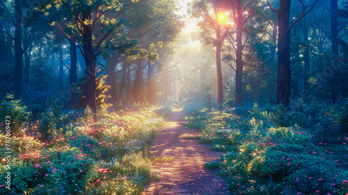 Nature scene: forest path in the soft morning light