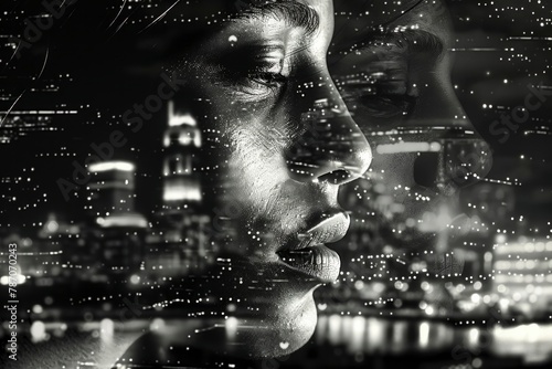 Black and White Composite Image of Woman and Cityscape at Night