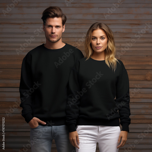Young woman and man couple mockup. Natural sweatshirt on model mockup. Family, couple matching shirts template. Front view of pulover. Husband and wife or girlfriend with boyfriend indoor mock (ID: 787070252)
