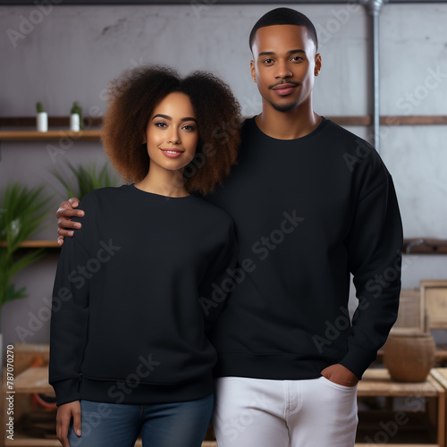 Young woman and man couple mockup. Natural sweatshirt on model mockup. Family, couple matching shirts template. Front view of pulover. Husband and wife or girlfriend with boyfriend indoor mock (ID: 787070270)