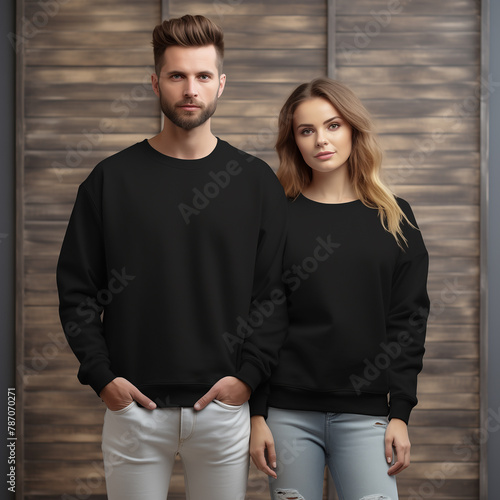 Young woman and man couple mockup. Natural sweatshirt on model mockup. Family, couple matching shirts template. Front view of pulover. Husband and wife or girlfriend with boyfriend indoor mock (ID: 787070271)