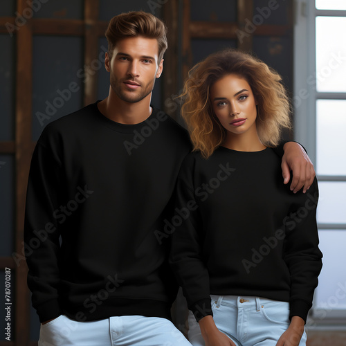 Young woman and man couple mockup. Natural sweatshirt on model mockup. Family, couple matching shirts template. Front view of pulover. Husband and wife or girlfriend with boyfriend indoor mock © Alena