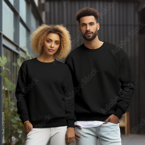 Young woman and man couple mockup. Natural sweatshirt on model mockup. Family, couple matching shirts template. Front view of pulover. Husband and wife or girlfriend with boyfriend indoor mock (ID: 787070289)