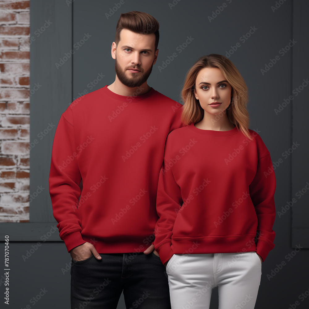 Fototapeta premium Young woman and man couple mockup. Cherry red sweatshirt on models mockup. Family, couple matching shirts template. Front view of pulover. Husband and wife or girlfriend with boyfriend indoor mock